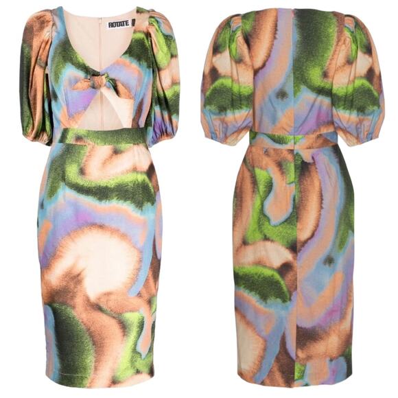 ROTATE BIRGER CHRISTENSEN NWT Cara printed midi dress Size 10 Cutout Puff Sleeve - Picture 2 of 13